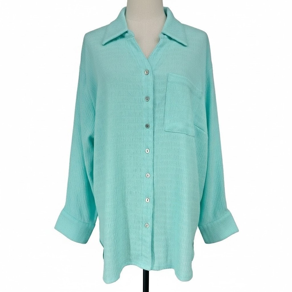 NEW Ruby Rd Women's Plus 2X Clear Blue Textured Button Down Shirt Spring Breeze